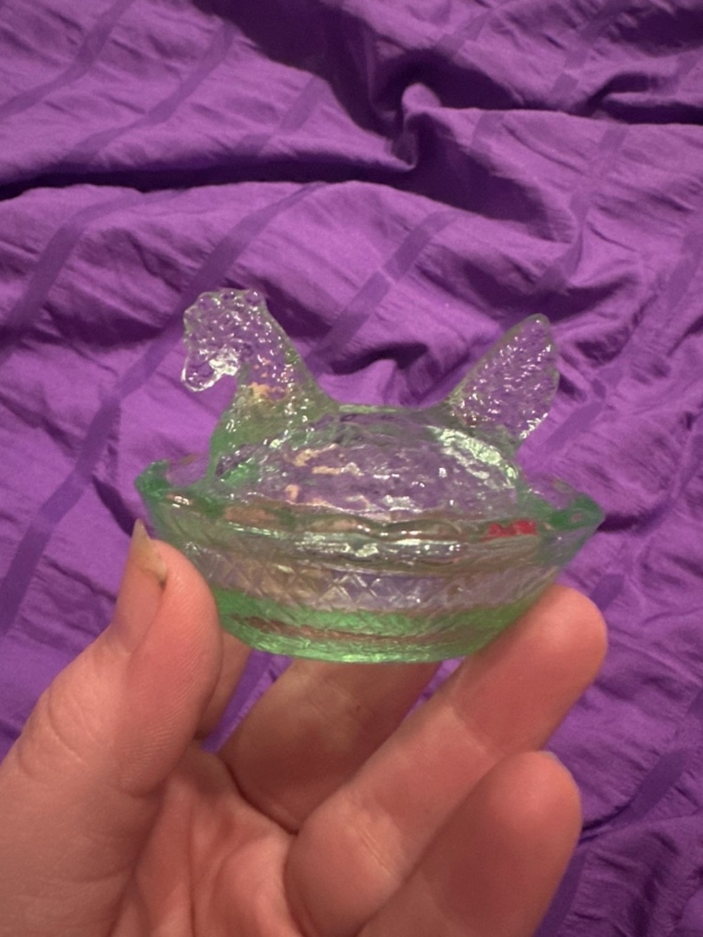 Green Iridescent Glass hen Dish